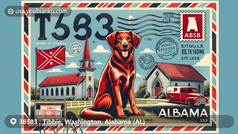 Modern illustration of Tibbie, Alabama, in Washington County, focusing on ZIP code 36583 with postcard-style layout featuring Tibbie Historic Church and Red Alabama Blackmouth Cur, representing local culture and history.