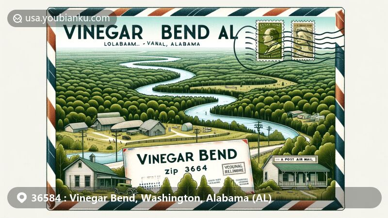 Modern illustration of Vinegar Bend, Alabama, featuring postal theme with ZIP code 36584, showcasing southern Alabama countryside, river bend, vintage air mail envelope, stamps, and postmark.