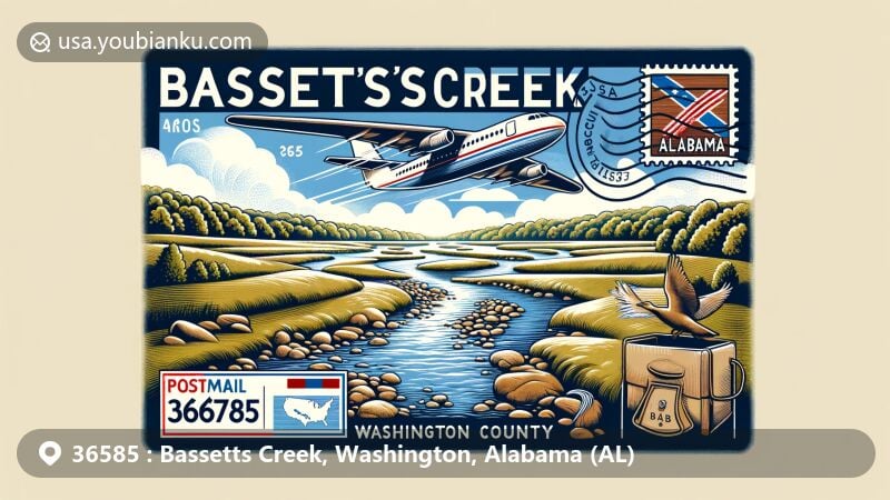 Modern illustration of Bassetts Creek, Washington County, Alabama, highlighting postal theme with ZIP code 36585, featuring airmail envelope and local symbols, set against natural backdrop with streams and greenery.