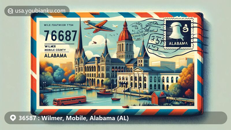 Modern illustration of Wilmer area, Mobile County, Alabama, showcasing postal theme with ZIP code 36587, featuring Old City Hall and Cathedral of the Immaculate Conception, blending historic landmarks with postal elements.