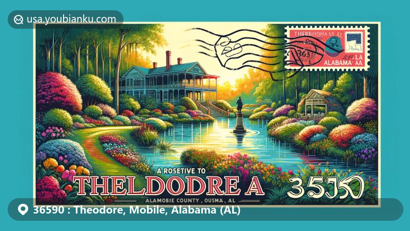 Modern illustration of Theodore, Mobile County, Alabama, capturing the essence of zip code 36590 with Bellingrath Gardens, Southern estate, and Alabama state symbols.