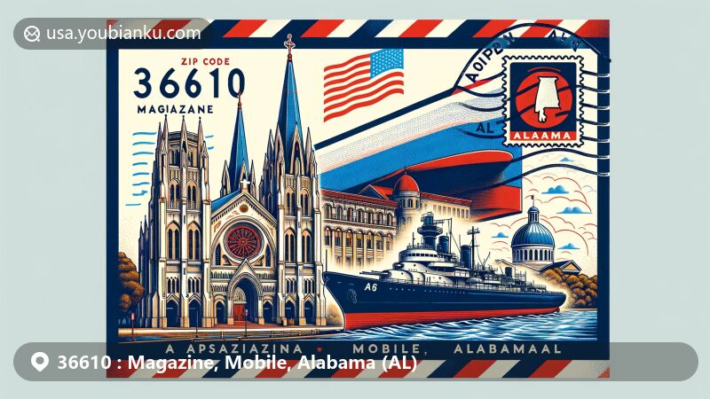 Modern illustration of Magazine area in Mobile, Alabama, featuring Cathedral Basilica of the Immaculate Conception, Oakleigh Historic House, and USS Alabama Battleship within a vintage airmail-themed envelope showcasing ZIP code 36610.