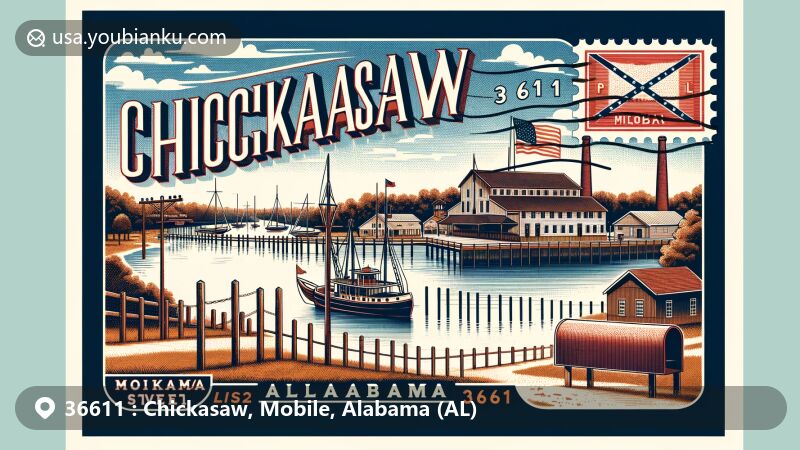 Modern illustration of Chickasaw, Alabama, showcasing postal theme with ZIP code 36611, featuring Chickasaw Shipyard Village Historic District and Alabama state symbols.