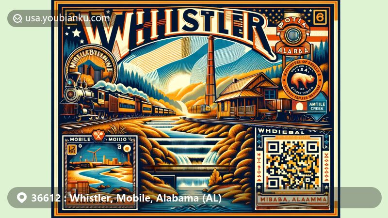 Modern illustration of Whistler, Mobile, Alabama, showcasing postal theme with vintage stamp design, postmark, and digital QR code, featuring Eight Mile Creek and ZIP code 36612.