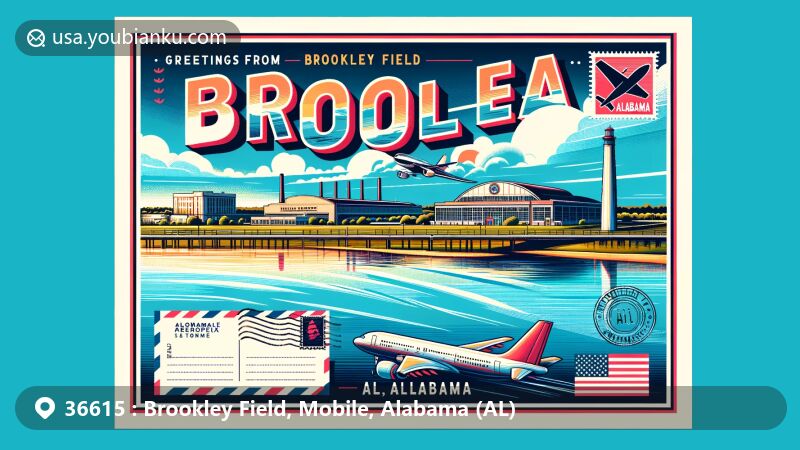 Modern illustration of Brookley Field, Mobile, Alabama, featuring airplane symbolizing aviation history at Mobile Aeroplex, with Mobile Bay in the background and Alabama state flag subtly integrated. Postcard design with 'Greetings from Brookley Field, Mobile, AL 36615', postmark, and stamp showcasing iconic Mobile landmark.