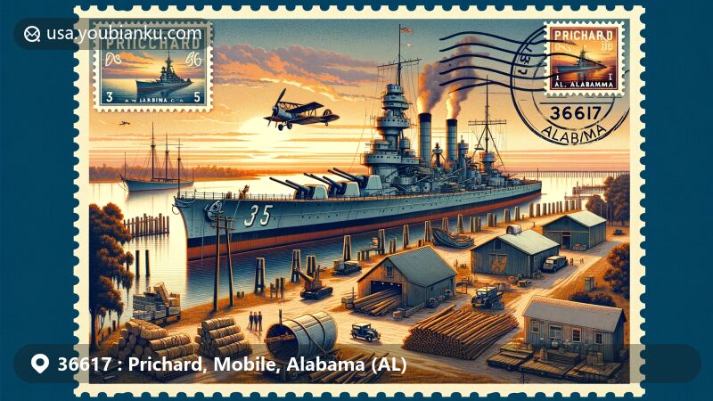 Modern illustration of Prichard, Mobile, Alabama, highlighting Battleship USS Alabama, shipbuilding, lumber industries, and postal theme with ZIP code 36617.