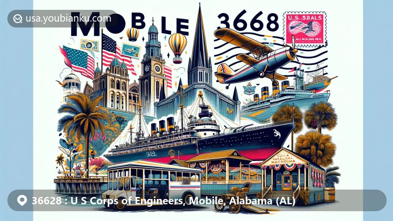 Modern illustration of ZIP Code 36628 area, Mobile, Alabama, featuring USS Alabama Battleship, GulfQuest National Maritime Museum, Cathedral Basilica, and Mardi Gras celebrations.