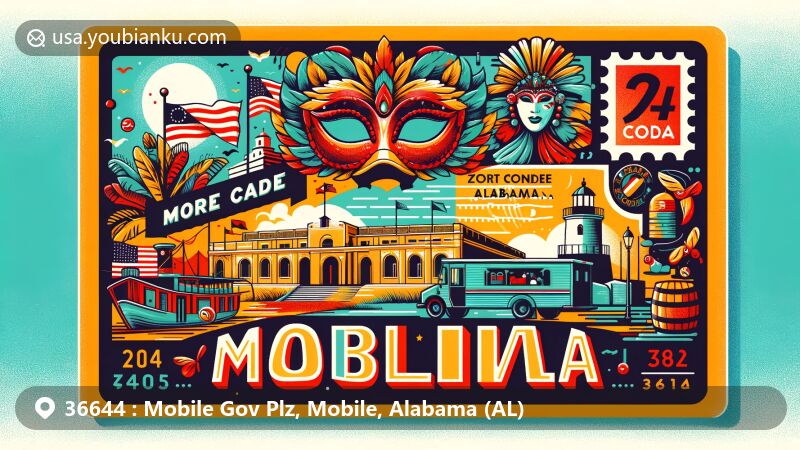 Modern illustration of Gov Plz, Mobile, Alabama, styled as a postcard, showcasing Fort Conde and Mardi Gras elements, with Alabama state flag in the background.