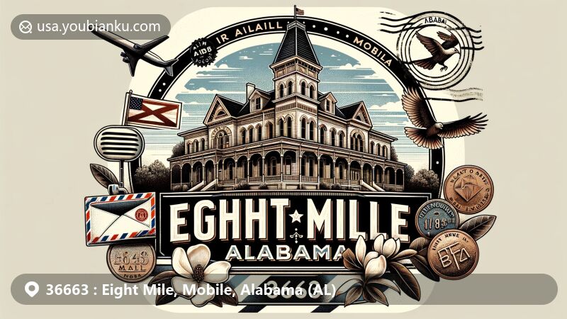 Modern illustration of Eight Mile, Mobile County, Alabama, with ZIP code 36663, blending local essence with postal elements, showcasing Alabama state flag and historical architecture, and natural symbols like magnolia flowers and Yellowhammer bird.