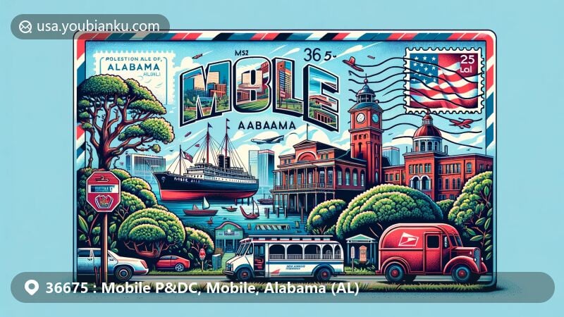 Modern illustration of Mobile, Alabama, blending local landmarks like USS Alabama Battleship and historic downtown with postal elements, including ZIP code 36675 and state flag stamp.