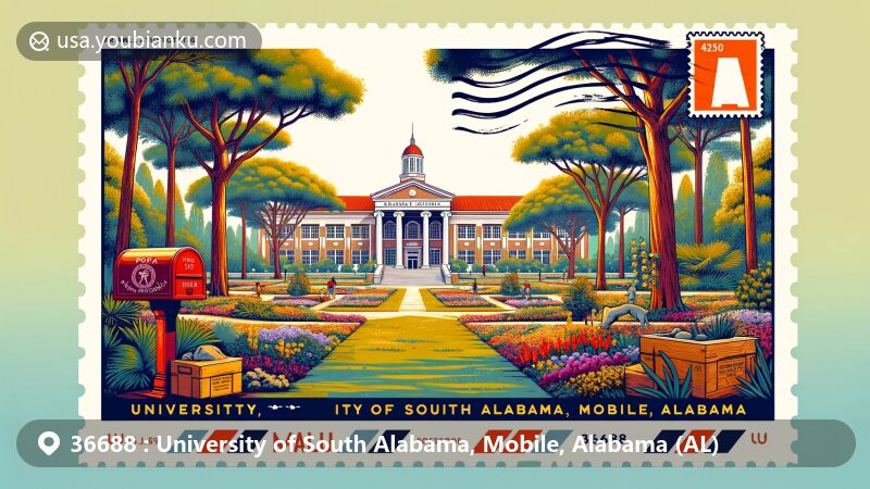 Modern illustration of University of South Alabama, Mobile, Alabama, showcasing postal theme with ZIP code 36688, featuring campus tree shades, gardens, walkways, pine groves, and Archaeology Museum.