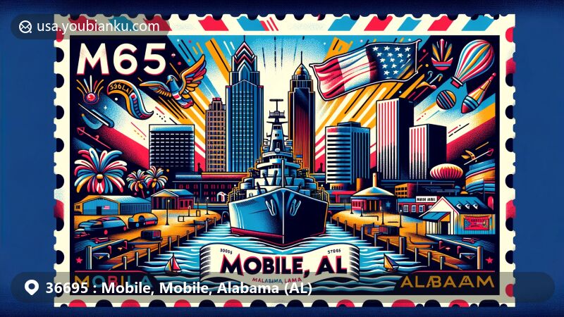 Vibrant illustration of Mobile, Alabama, depicting USS Alabama Battleship, city skyline, Mardi Gras elements, and Alabama state flag, with postal theme of '36695 Mobile, AL'.