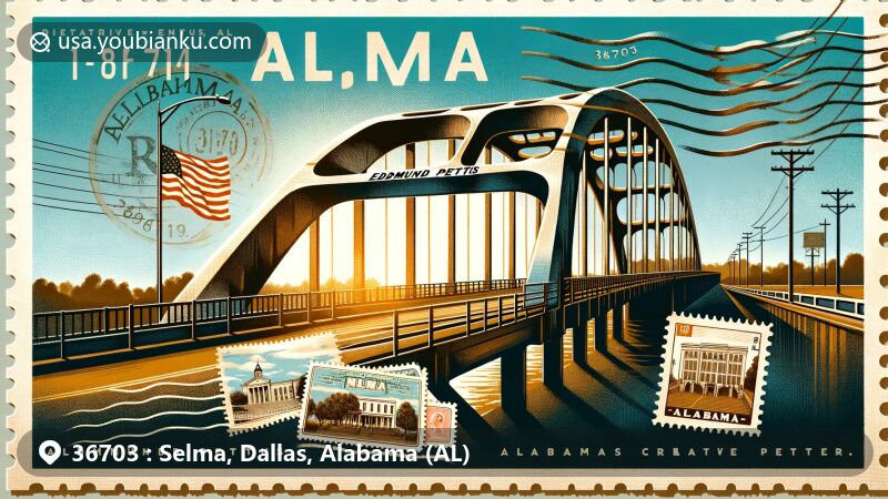 Modern illustration of the Edmund Pettus Bridge in Selma, Alabama, showcasing its historical significance in the civil rights movement, featuring the Alabama state flag and postal elements with ZIP code 36703.