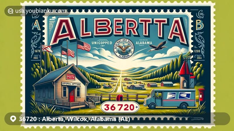 Modern illustration of Alberta, Wilcox County, Alabama, highlighting natural beauty with gentle hills and lush greenery, featuring a former post office as focal point and Alabama state flag in the background.