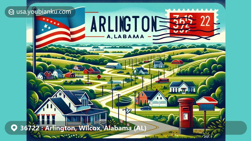 Modern illustration of Arlington, Alabama, portraying rural landscape and community charm with ZIP code 36722, featuring Alabama state symbols and vintage postal theme.