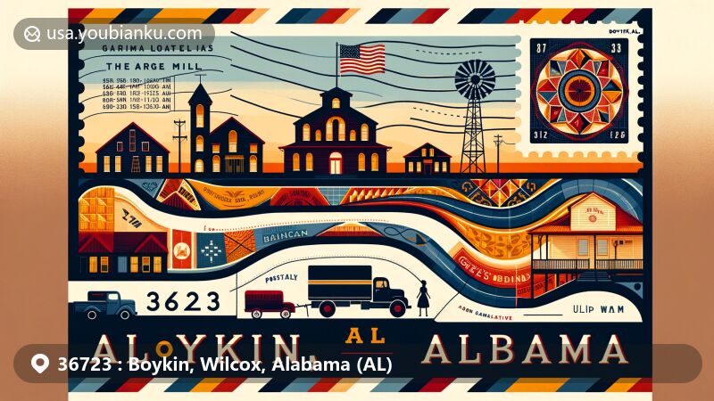 Modern illustration of Boykin, Wilcox County, Alabama, showcasing postal theme with ZIP code 36723, featuring African American cultural heritage and historic significance.
