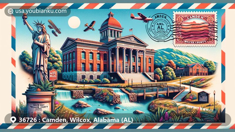 Modern illustration of Camden, Wilcox County, Alabama, showcasing postal theme with historic Wilcox County Courthouse, Roland Cooper State Park, and Bill Dannelly Reservoir.