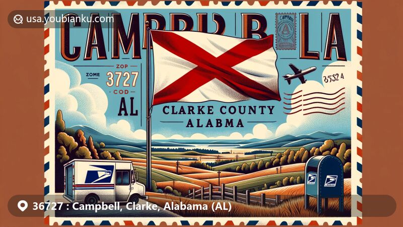 Modern illustration of Campbell, Clarke County, Alabama, inspired by ZIP code 36727, featuring a vintage postcard with 'Campbell, AL,' a custom stamp with a local landmark, and postal elements in a colorful, engaging design.
