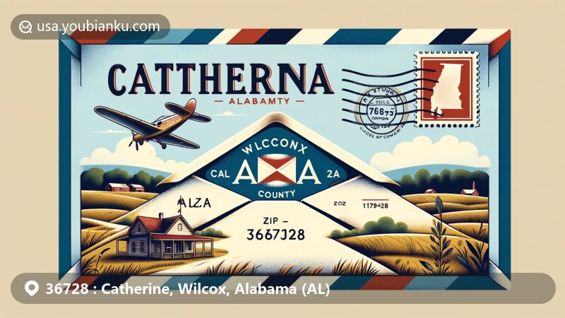 Modern illustration of an airmail envelope with a postcard featuring the flag of Alabama and the outline of Wilcox County, showcasing the postal theme with ZIP code 36728 and Catherine, AL. Background includes gentle rolling hills, scattered residences, and lush green vegetation reflecting the rural and community spirit of Catherine, Alabama.