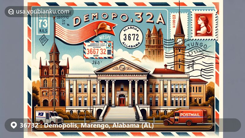 Modern illustration of Demopolis, Marengo County, Alabama, incorporating vintage postcard layout with landmarks Gaineswood and Bluff Hall, Alabama state flag, postmark, and ZIP Code 36732.