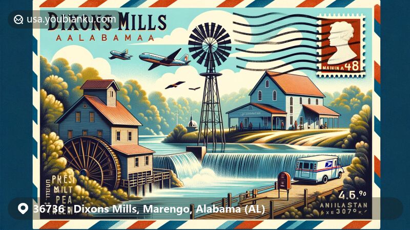 Modern illustration of Dixons Mills, Marengo County, Alabama, featuring postal theme with ZIP code 36736, showcasing water-powered gristmill and Dixons Mills Methodist Church.