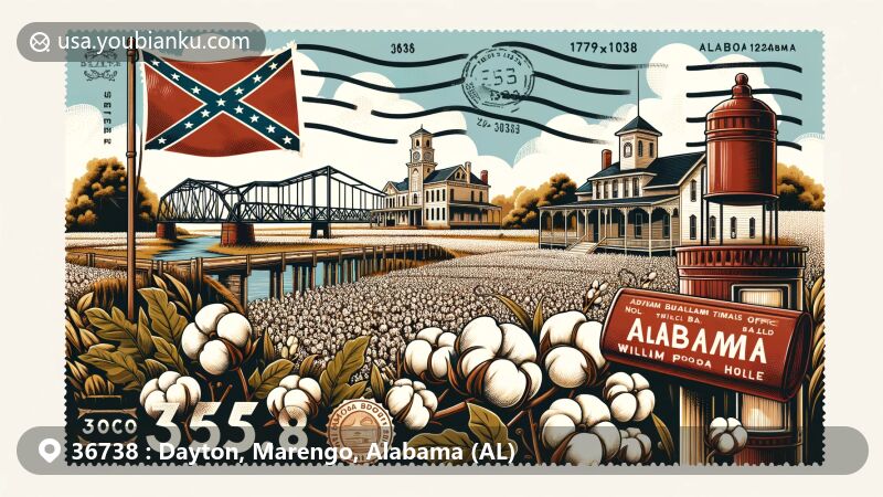 Creative illustration of Dayton, Alabama, showcasing agricultural background with cotton field, historical landmarks of Half-Chance Bridge and William Poole House, and postal elements including retro postage stamp, postmark, '36738' ZIP code, and old mailbox.