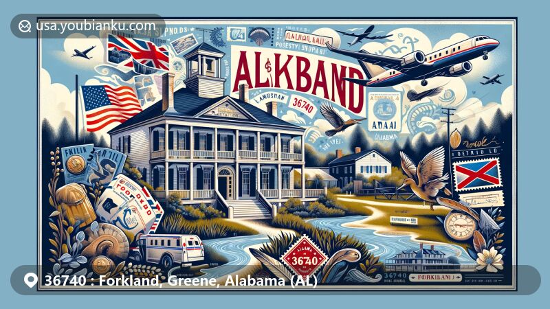 Modern illustration of Forkland, Alabama, showcasing airmail envelope design with postal elements like stamps, postmarks, and ZIP code 36740, featuring Thornhill Plantation as a prominent landmark. The artwork includes Alabama state symbols and the confluence of Black Warrior River and Tombigbee River, reflecting the town's unique geography.