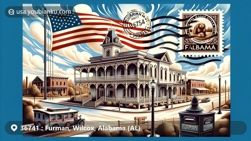 Modern illustration of Furman Historic District in Furman, Alabama, showcasing well-preserved historical buildings and rich cultural heritage, with Alabama state flag in the background.