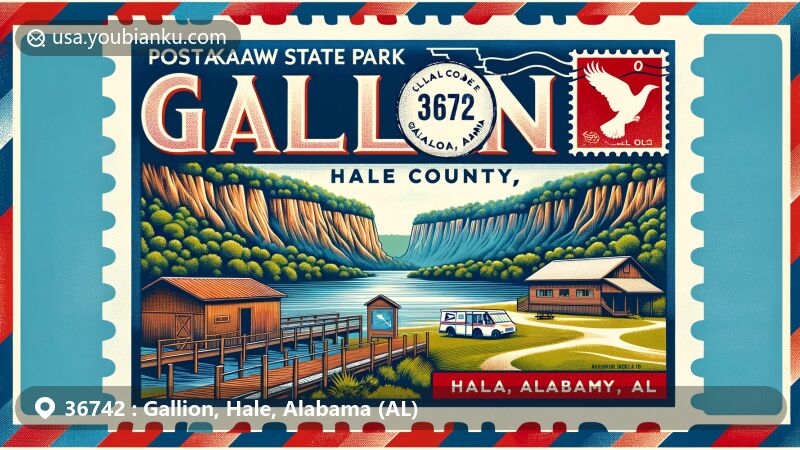 Vintage-style illustration of Gallion, Hale County, Alabama, themed around ZIP code 36742, featuring Chickasaw State Park, airmail envelope design, and postal elements.