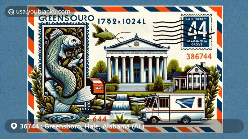 Modern illustration of Greensboro, Hale County, Alabama, with airmail envelope background and ZIP code 36744, featuring Magnolia Grove Greek Revival architecture and catfish culture motifs.