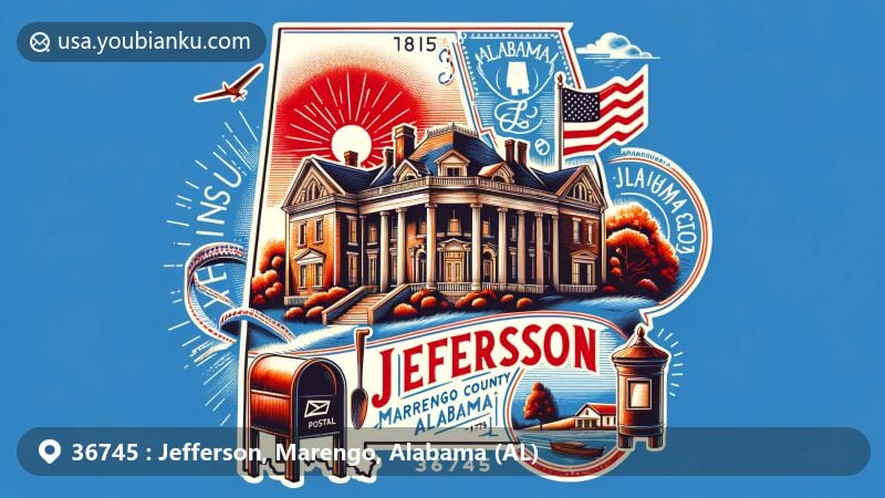 Modern illustration of Jefferson, Marengo County, Alabama (AL), in the postal theme, featuring historic mansion inspired by Federal-style architecture, Alabama state outline, and French cultural hints.