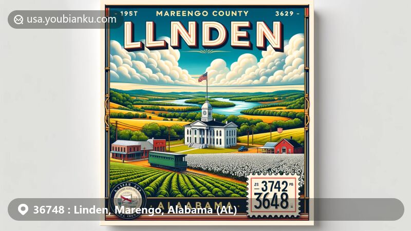 Modern illustration of Linden, Marengo County, Alabama, highlighting natural beauty and cultural heritage, featuring Tombigbee River, historic courthouse, cotton fields, and postal elements.