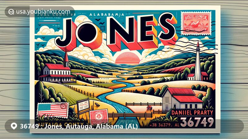 Modern illustration of Jones, Autauga County, Alabama, displaying a postcard design with ZIP code 36749, featuring the region's rolling hills, Mulberry Creek, and landmarks like the Daniel Pratt Historic District.