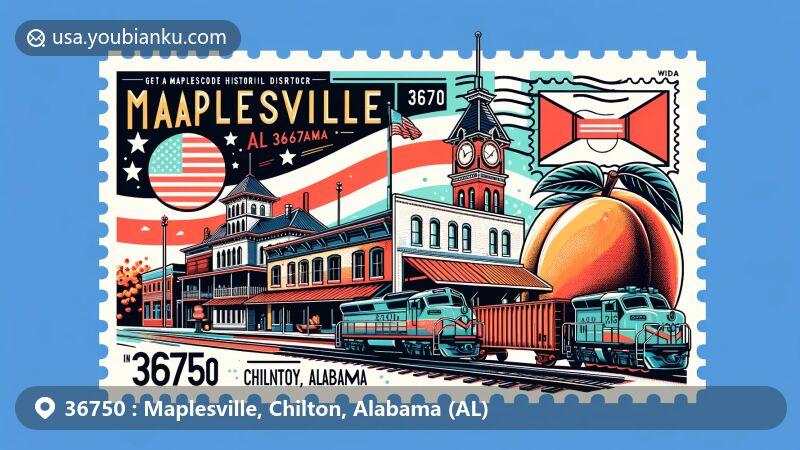 Modern illustration of Maplesville, Chilton County, Alabama, depicting the vibrant postcard theme with elements of the Maplesville Railroad Historic District, peach production, postal motifs, and the Alabama state flag.