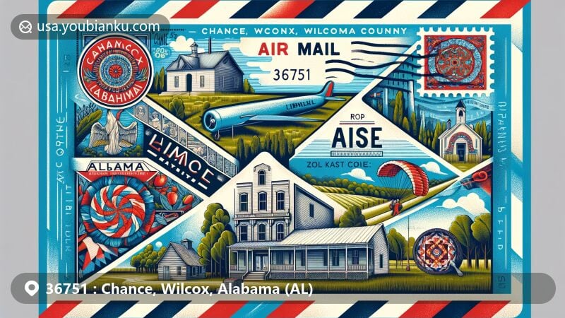 Modern illustration of Chance, Wilcox County, Alabama, featuring air mail envelope with ZIP code 36751, showcasing Liddell Archaeological Site, Oak Hill and Pine Apple Historic Districts, Prairie Mission, and Black Belt Quilting Collective.