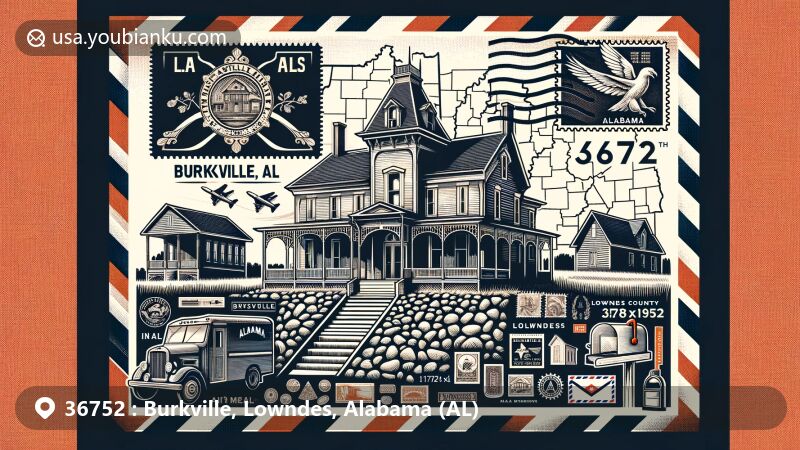 Modern illustration of Burkville, Alabama, showcasing postal theme with ZIP code 36752, featuring Warren Stone House (Magnolia Crest) from 1840, Alabama state flag, and Lowndes County outline.
