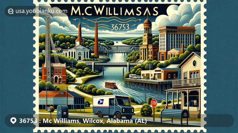 Modern illustration of McWilliams, Wilcox County, Alabama, blending historical and cultural elements with a focus on postal motifs, showcasing the Alabama River, classical architecture, and lush vegetation.