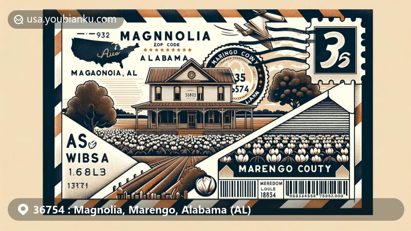 Modern illustration of Magnolia, Marengo County, Alabama, highlighting the Mask House and postal theme with vintage elements, including postmark 'Magnolia, AL 36754' and Alabama state flag.