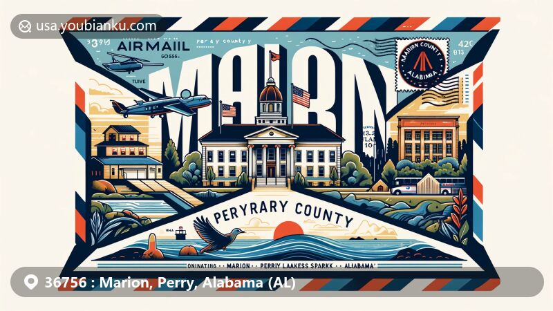 Modern illustration of Marion, Perry County, Alabama, showcasing postal theme with ZIP code 36756, featuring Perry County Courthouse, Marion Military Institute, and nature scene inspired by Cahaba River or Perry Lakes Park.
