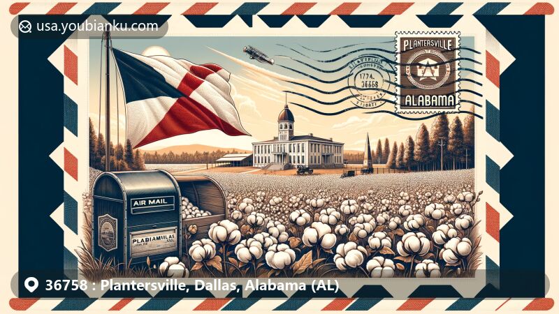 Vintage-style illustration of Plantersville, Dallas County, Alabama (AL), reflecting its agricultural heritage with cotton fields and postal theme, featuring Alabama state flag and ZIP code 36758.