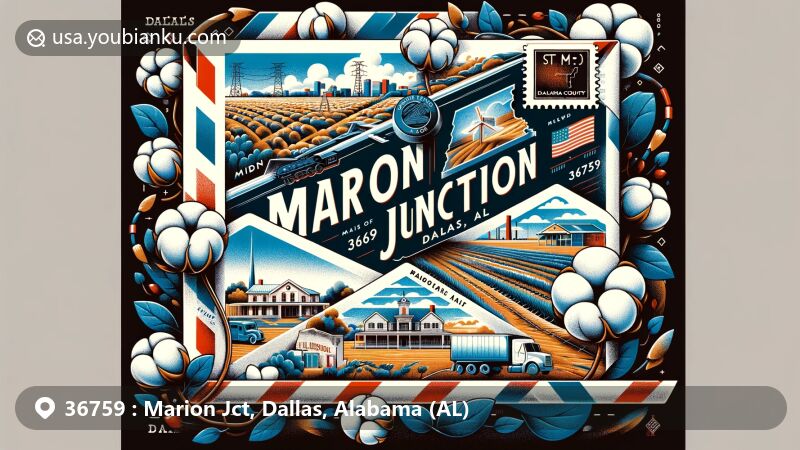 Modern illustration of Marion Junction, Dallas County, Alabama, representing ZIP code 36759 as an air mail envelope with local landmarks and symbols, including a stylized map, Alabama River, state flag stamp, and cotton bolls.