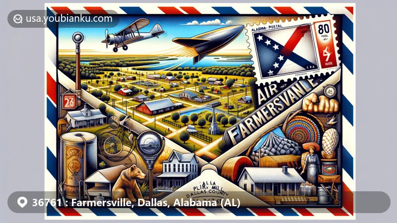 Modern illustration of Farmersville, Dallas County, Alabama, blending postal theme with ZIP code 36761, showcasing rural charm, state symbols, and traditional postal imagery.