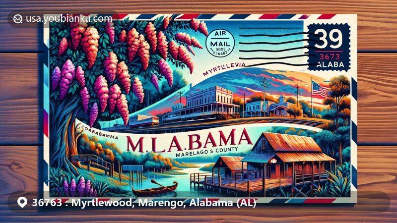 Modern illustration of Myrtlewood, Alabama, showcasing postal theme with ZIP code 36763, highlighting crepe myrtle trees, cotton farming, hunting culture, and Tombigbee River influence, set against Alabama state flag backdrop.