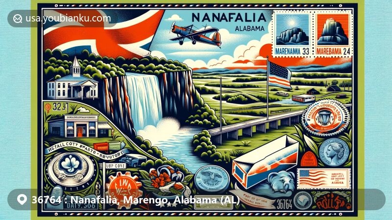 Modern illustration of Nanafalia Bluff, Marengo County, Alabama, with air mail elements and vintage postal theme, showcasing ZIP code 36764 and historical references to cotton plantations and the Battle of Marengo.