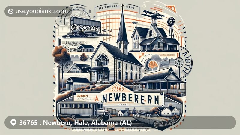 Modern illustration of Newbern, Hale County, Alabama, showcasing the innovative architecture of Auburn University Rural Studio and historical elements like Newbern Baptist Church. Features Southern charm and hospitality with postal elements like vintage air mail envelope and Alabama state flag stamp.