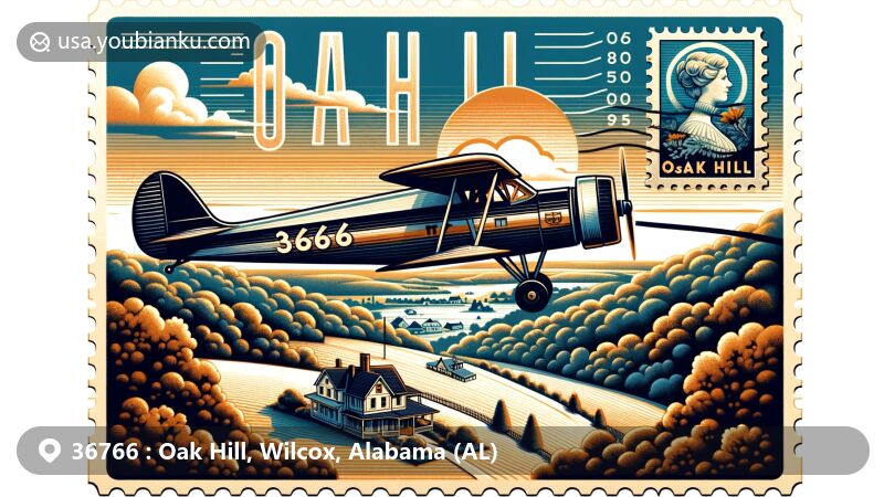 Modern illustration of Oak Hill, Wilcox County, Alabama, featuring a stylized aviation-themed envelope with a vintage stamp, showcasing Queen Anne style house from Oak Hill Historic District and rural scenery.