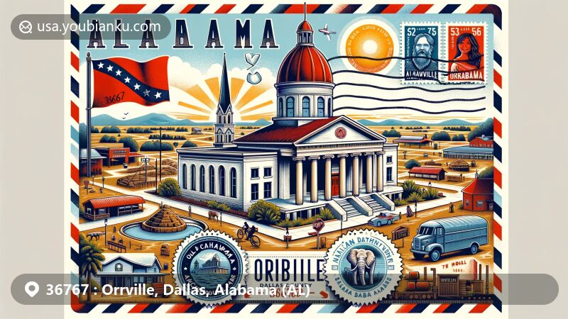 Creative illustration of Orrville, Alabama, ZIP code 36767, showcasing Old Cahawba Archaeological Park, Orrville Farmers Market, air mail theme, local landmarks, and Alabama state flag.