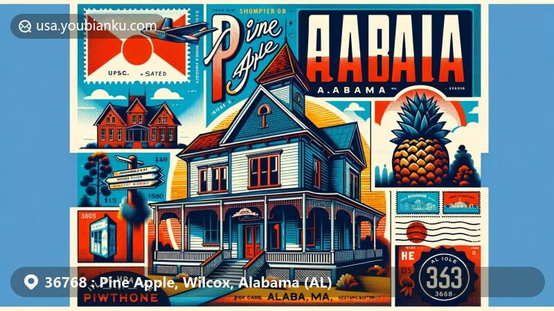 Modern illustration of Pine Apple, Alabama, featuring Hawthorne House, Pine Apple Historic District, and Alabama state flag, alluding to ZIP code 36768.