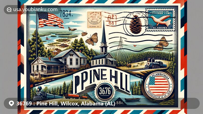 Modern illustration of Pine Hill, Wilcox County, Alabama, showcasing postal theme with ZIP code 36769, featuring pine forest landscape, historical landmarks, and state symbols.