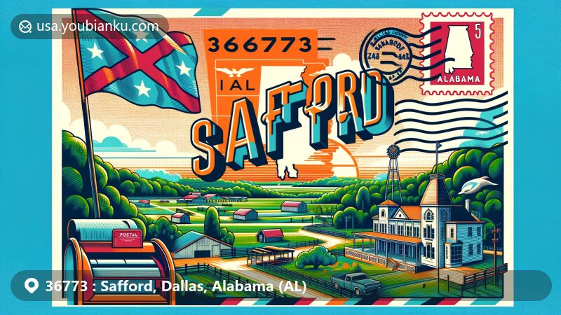 Modern illustration of Safford, Dallas County, Alabama, highlighting postal theme with ZIP code 36773, featuring Alabama state flag, Dallas County outline, and rural landscapes.